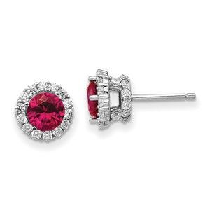 925 Sterling Silver  Lab Created Red Ruby &  White CZ Round Halo Post Earrings